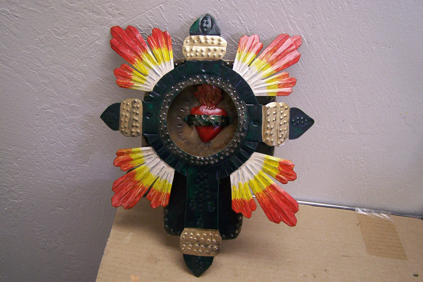 Beautiful 3D Handpainted Cross with Rays and Sacred Heart Interior - Mexico