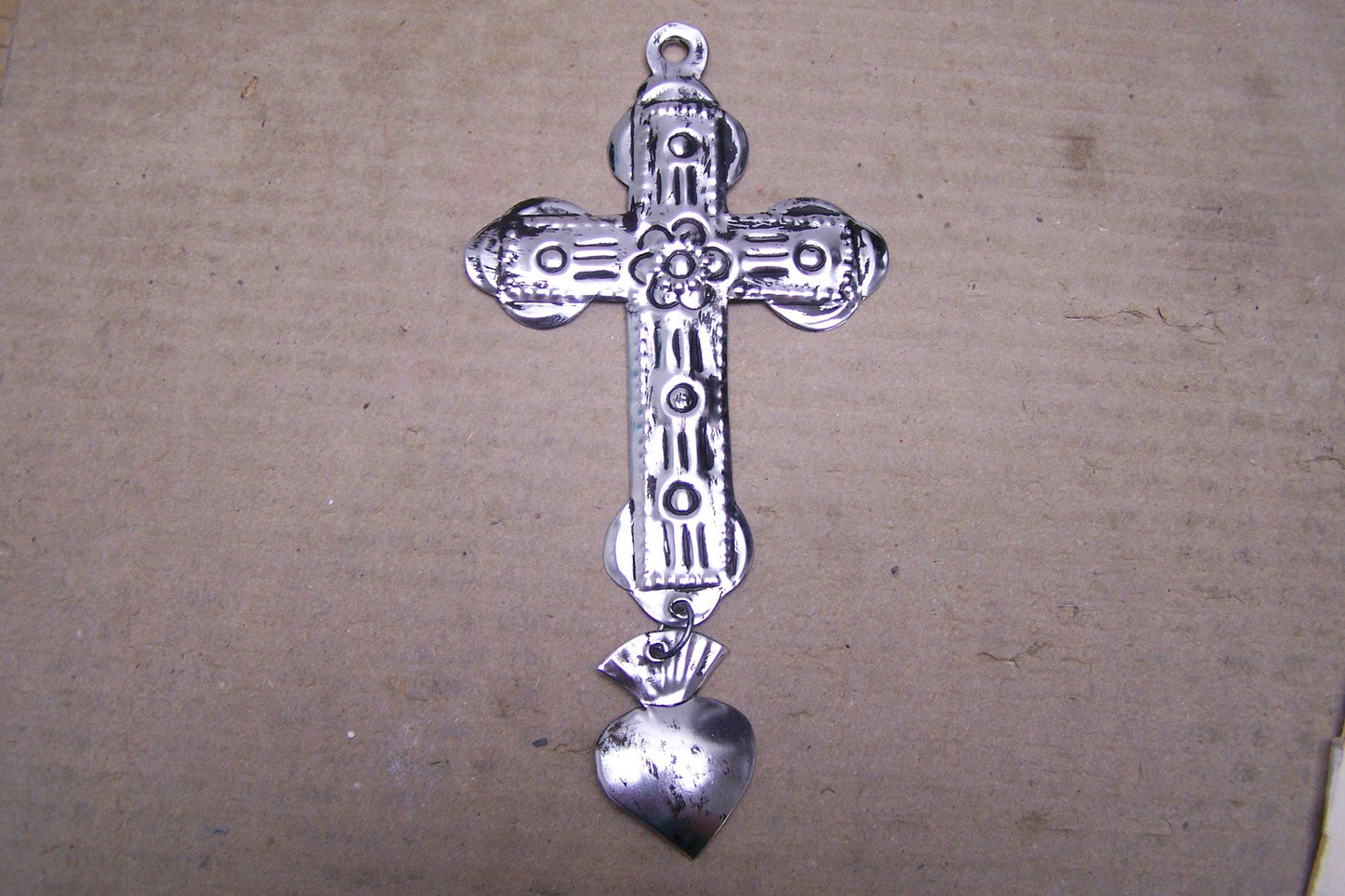 Tin Cross with Dangling Heart Milagro #1