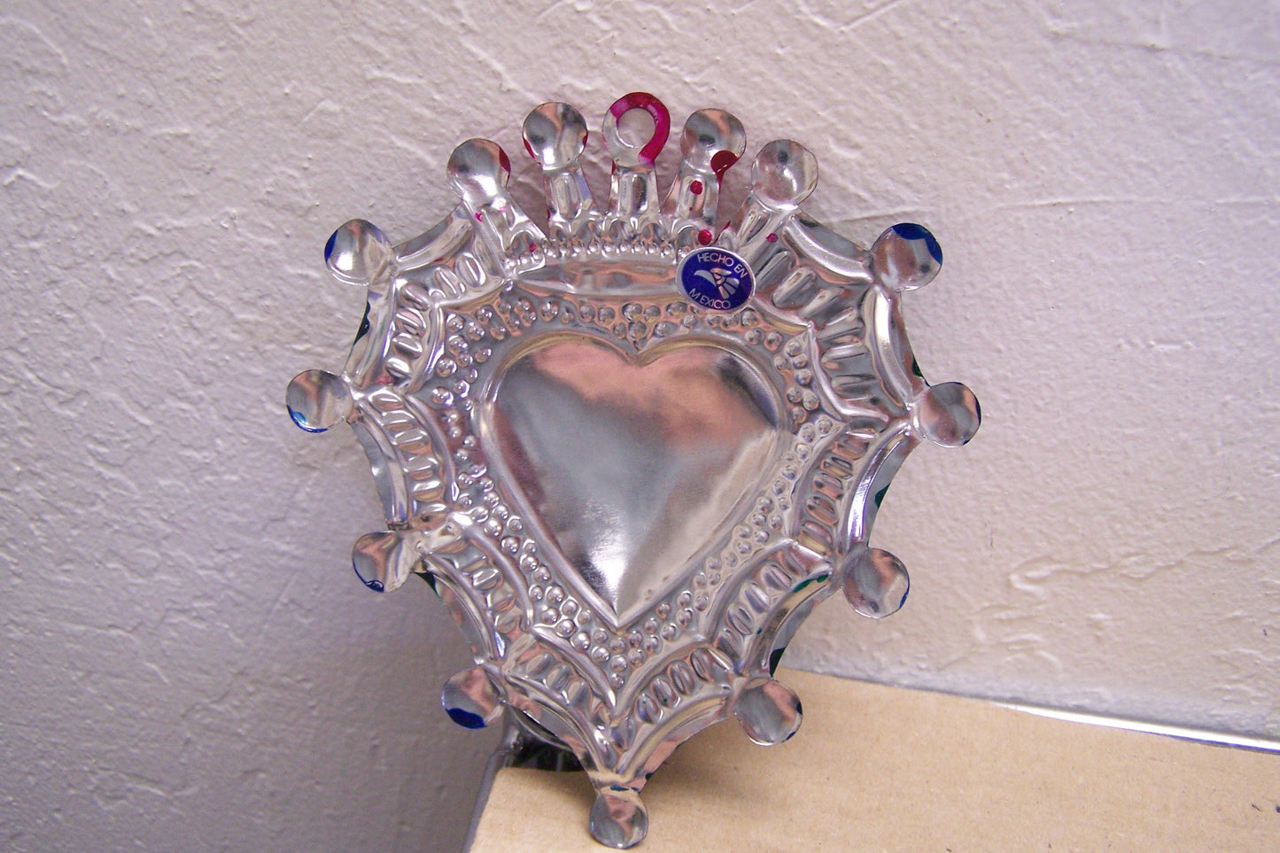 Large Painted Sacred Heart with Crown Milagro Ex Voto - Mexico