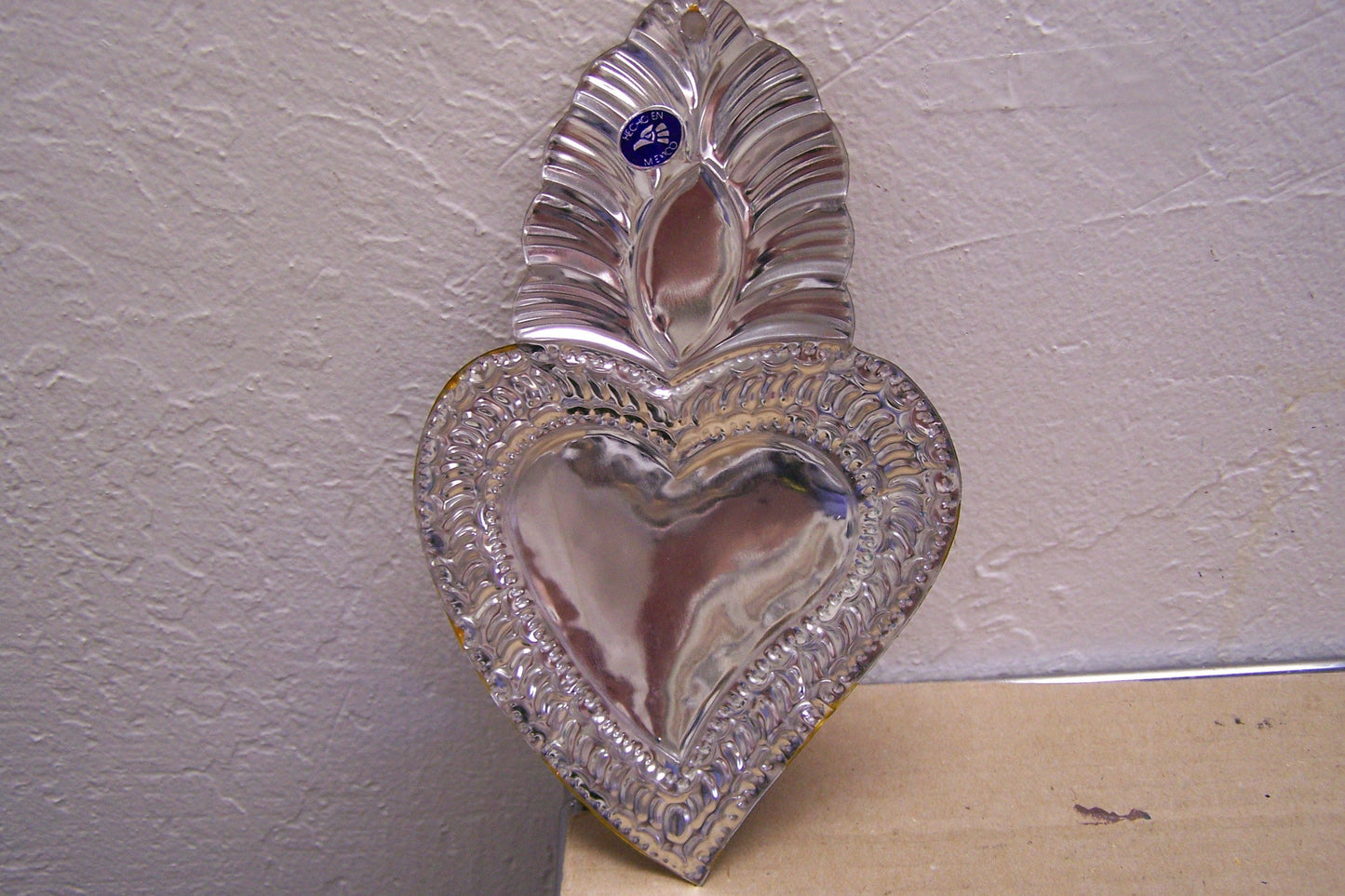 Large Painted Tin Sacred Heart with Blue & Yellow Flame Milagro Ex Voto - Mexico