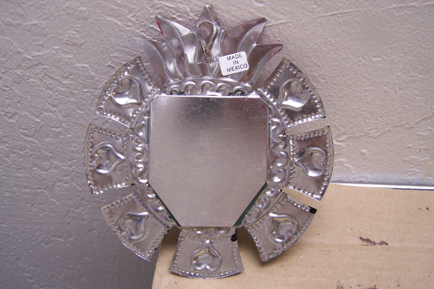 Tin Painted Sacred Heart Mirror with Rays - Mexico
