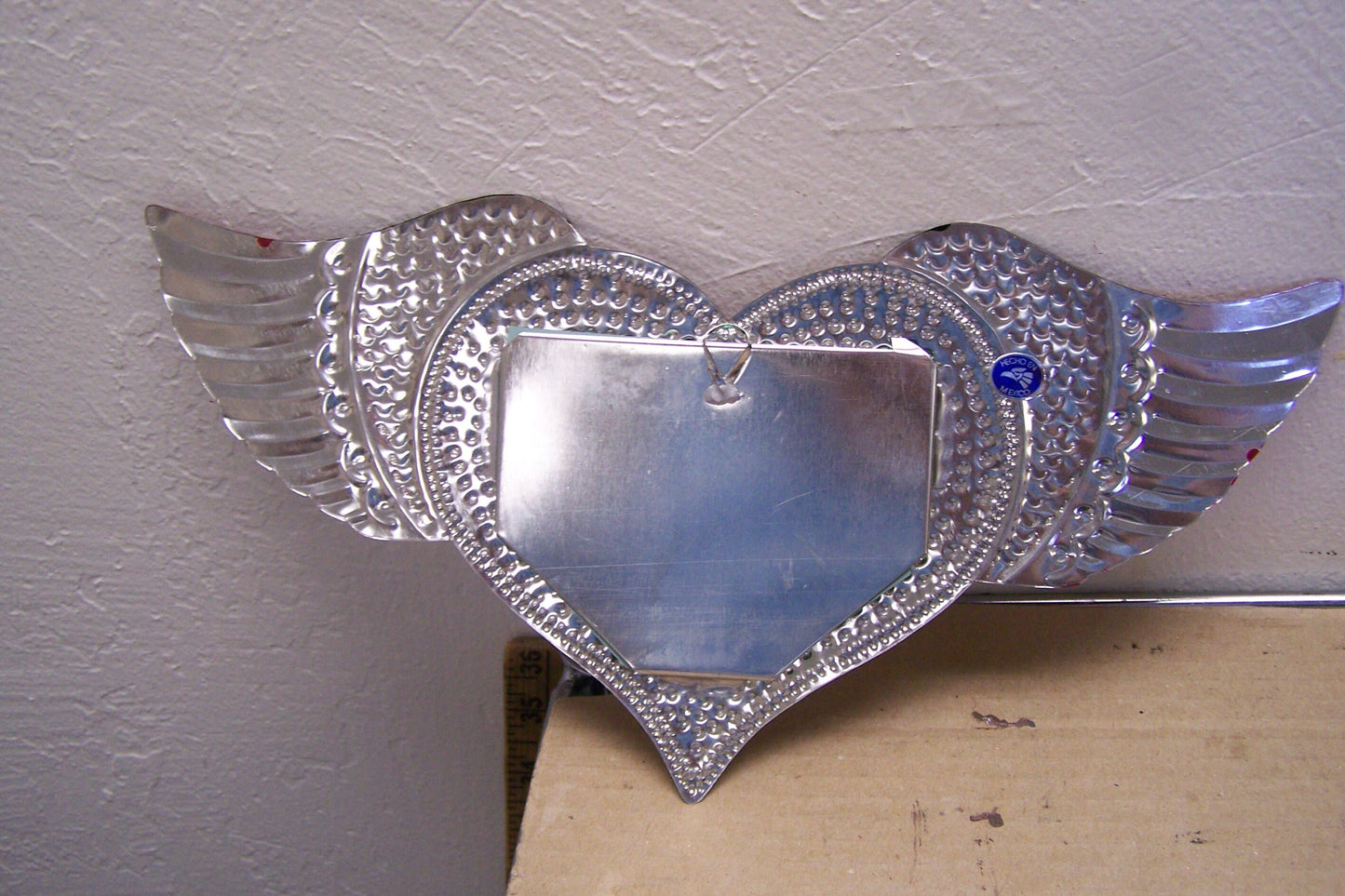 Large Tin Painted Sacred Heart Mirror - Heart with Wings - Mexico