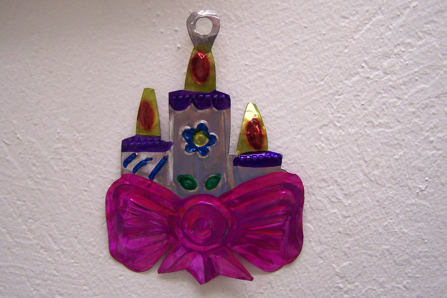 Lot of 6 Tin Painted Ornaments - Christmas Candle with Bow - Mexico
