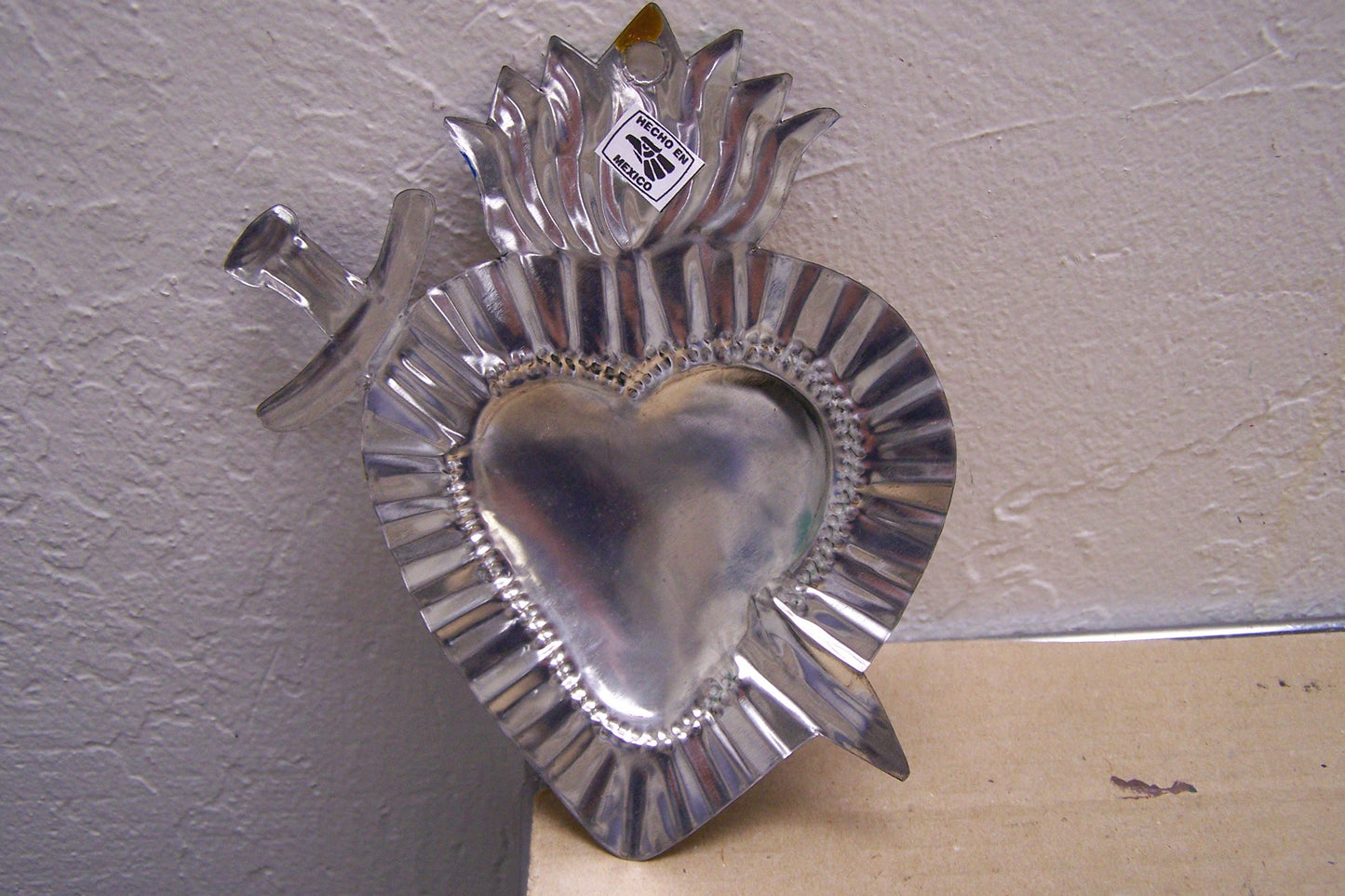 Large Painted Tin Sacred Heart with Jagged Spear Milagro Ex Voto - Mexico