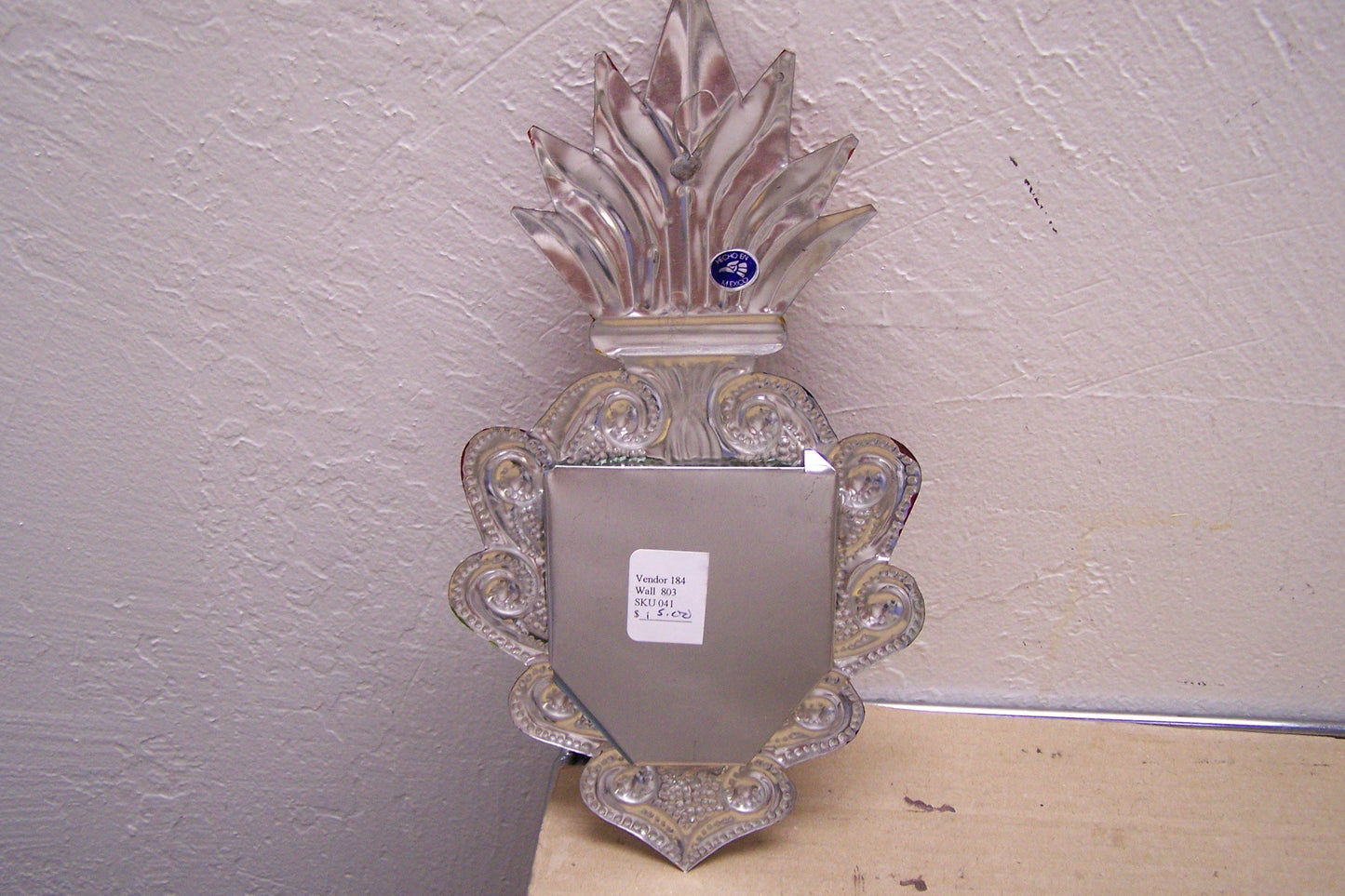 Large Tin Painted Sacred Heart Mirror - Tall Orange Flames - Mexico