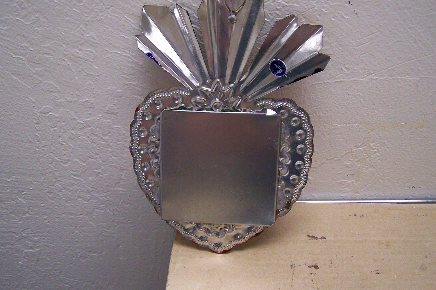 Large Tin Painted Sacred Heart Mirror - Burst of Flames - Mexico