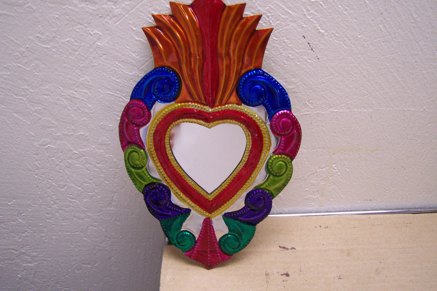 Large Tin Painted Sacred Heart Mirror - Colorful Scrolls - Mexico