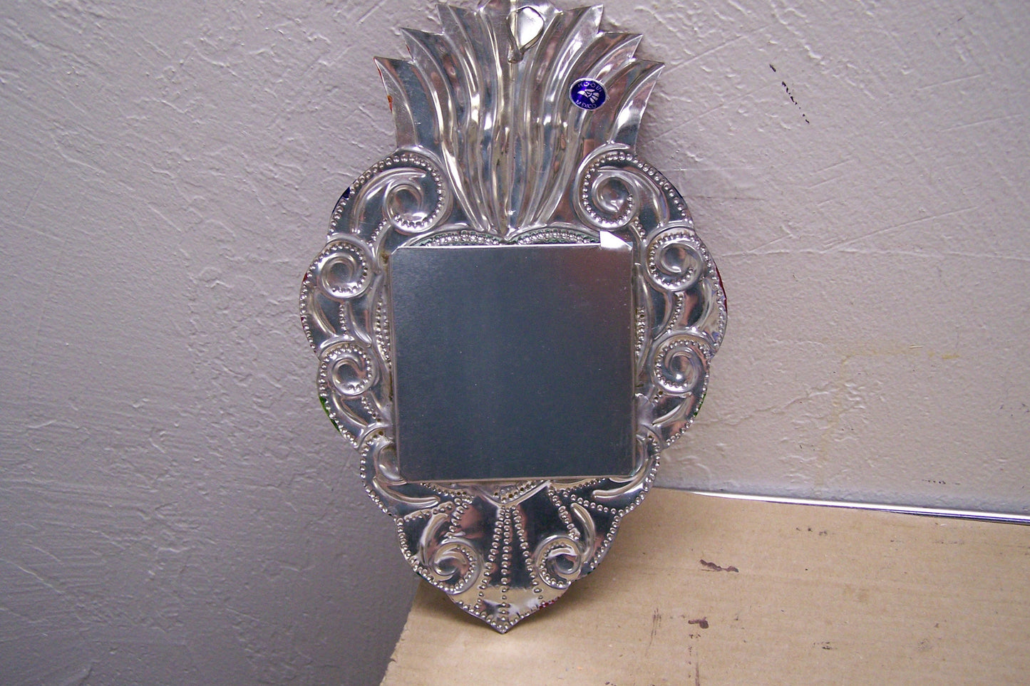 Large Tin Painted Sacred Heart Mirror - Colorful Scrolls - Mexico