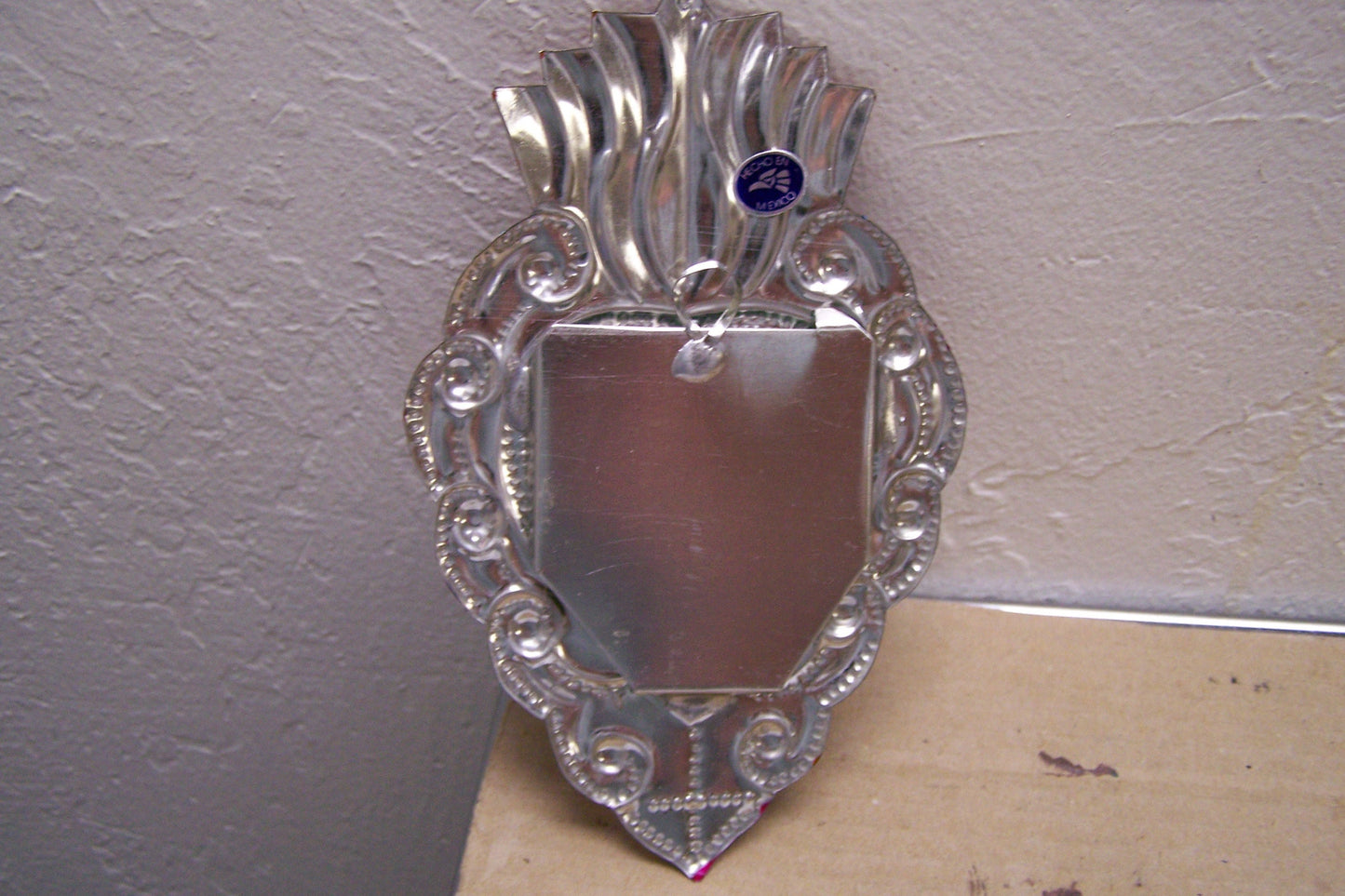 Tin Painted Sacred Heart Mirror - Colorful Scrolls - Mexico