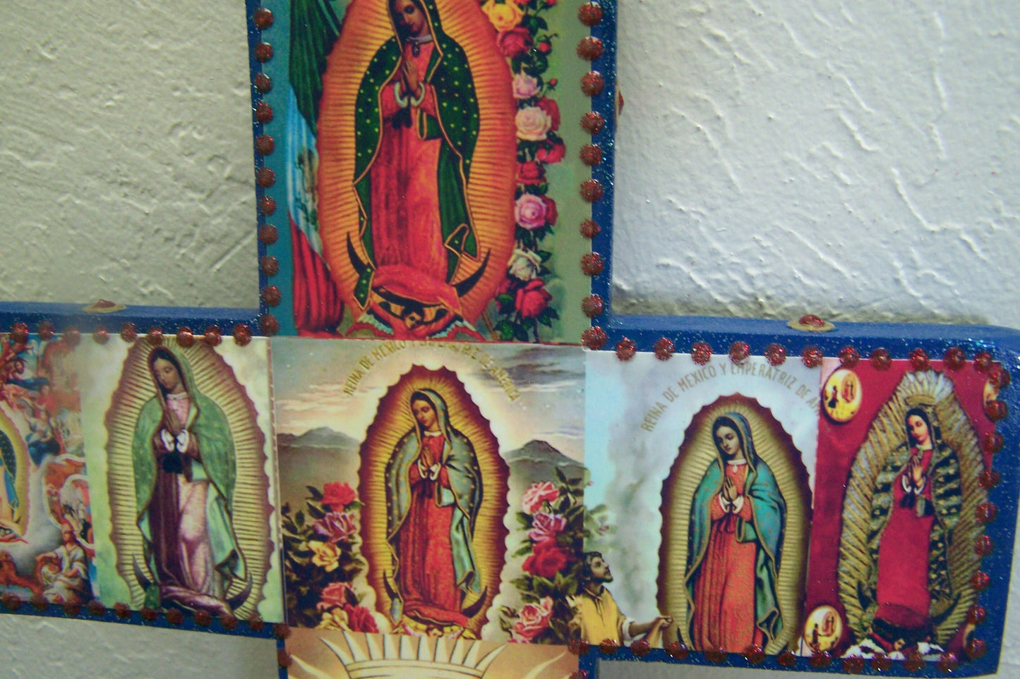 Large Virgin of Guadalupe Folk Art Cross with Sequins and Glitter, Blue