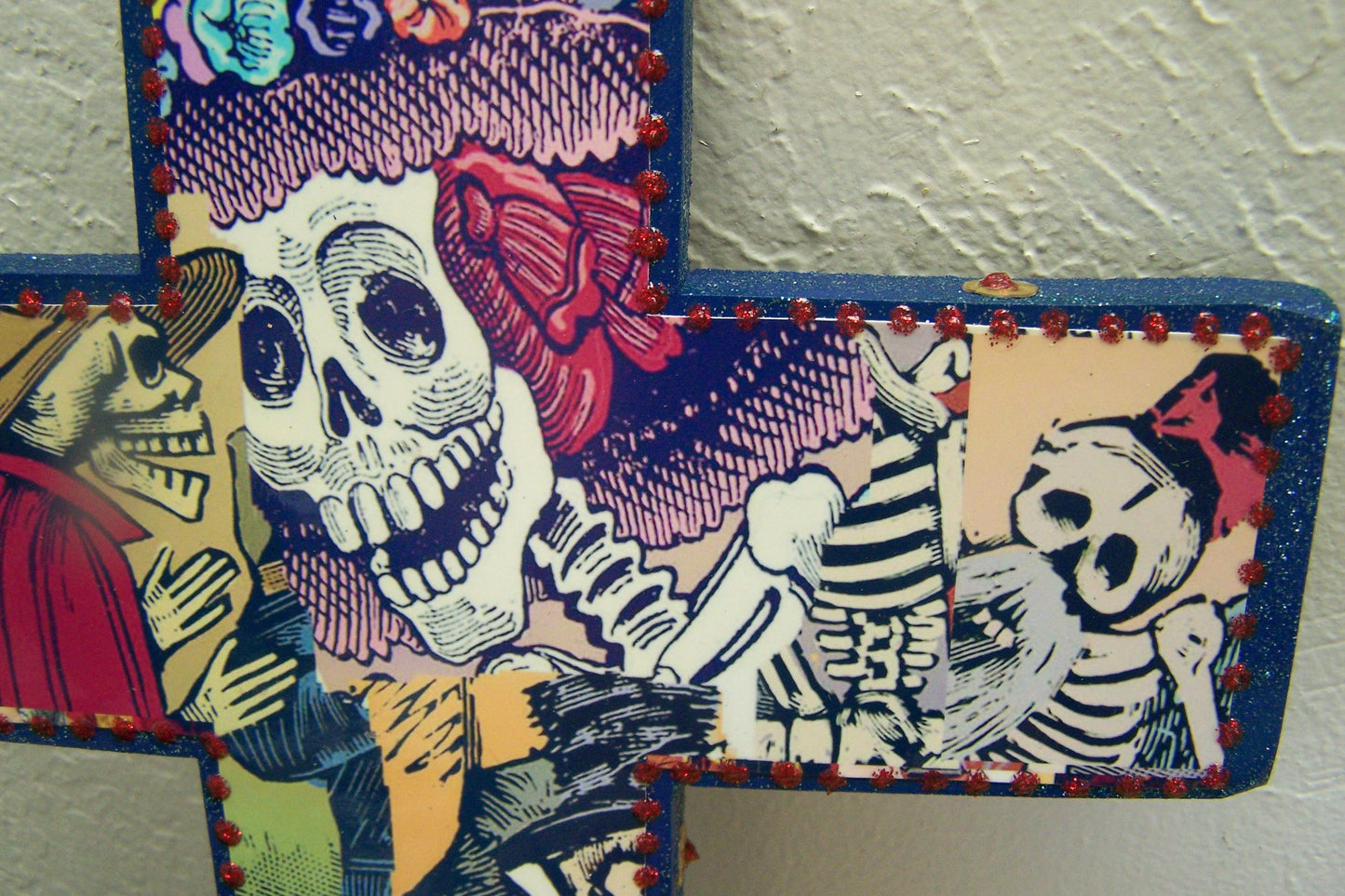 Day of the Dead Folk Art Cross with Sequins and Glitter, Blue