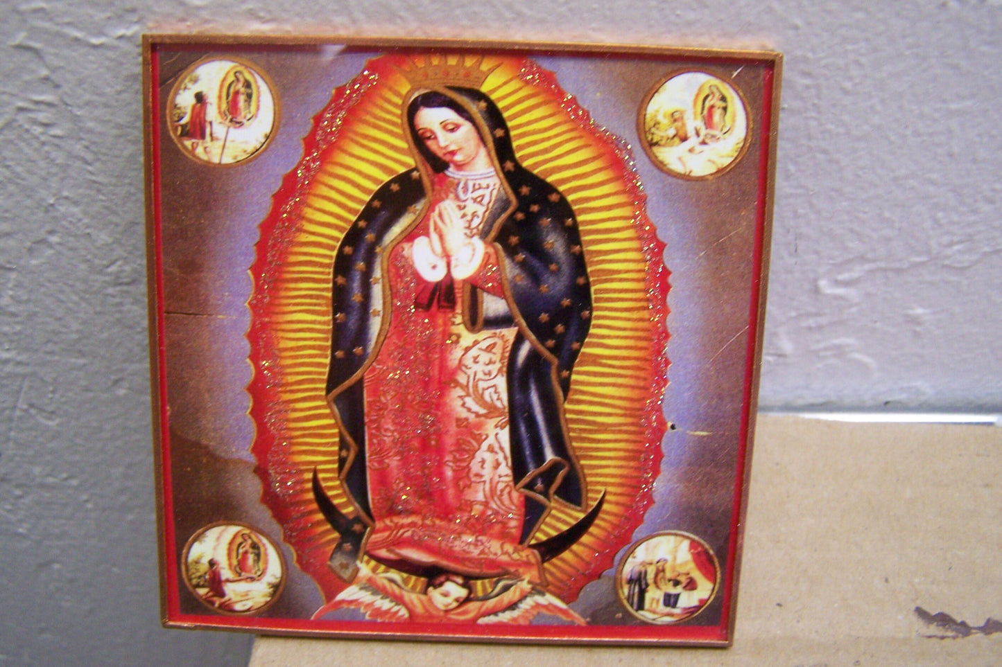 Coasters Set, Glass with Copper Borders - Lot of 4 Virgin of Guadalupe Images