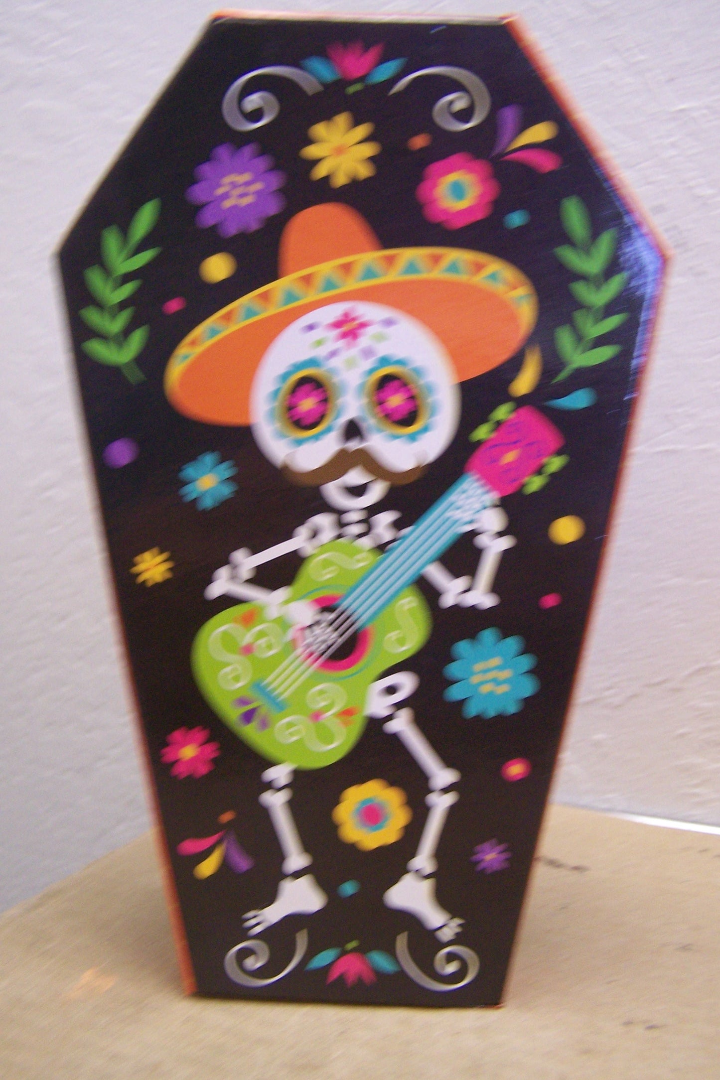 Day of the Dead Cardboard Lidden Coffin Box - Skeleton Guitarist