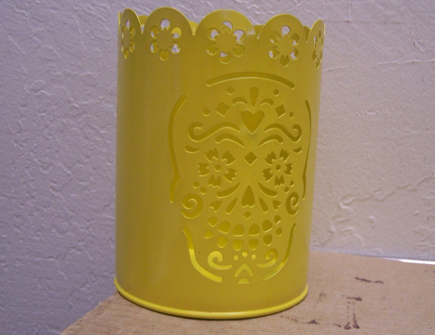 Day of the Dead Punched Metal Luminaria - Sugar Skull Design - Yellow