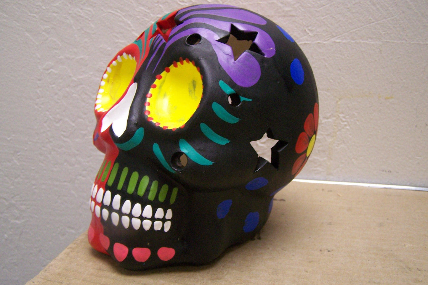 Large Painted Day of the Dead Skull Luminaria - Red/Black