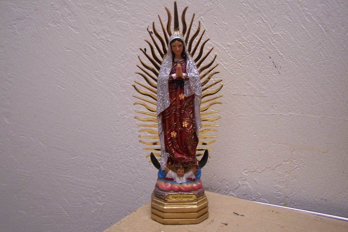 Virgin of Guadalupe 9.5" Resin Altarpiece Statue - Silvery Glitter