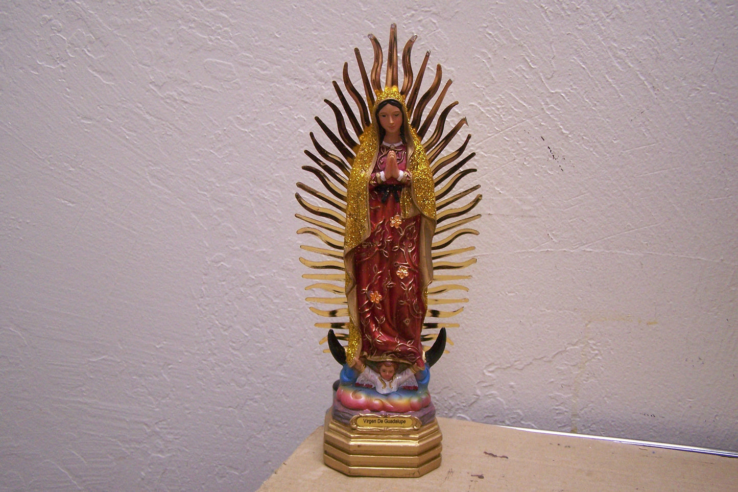 Virgin of Guadalupe 9.5" Resin Altarpiece Statue - Yellow Glitter