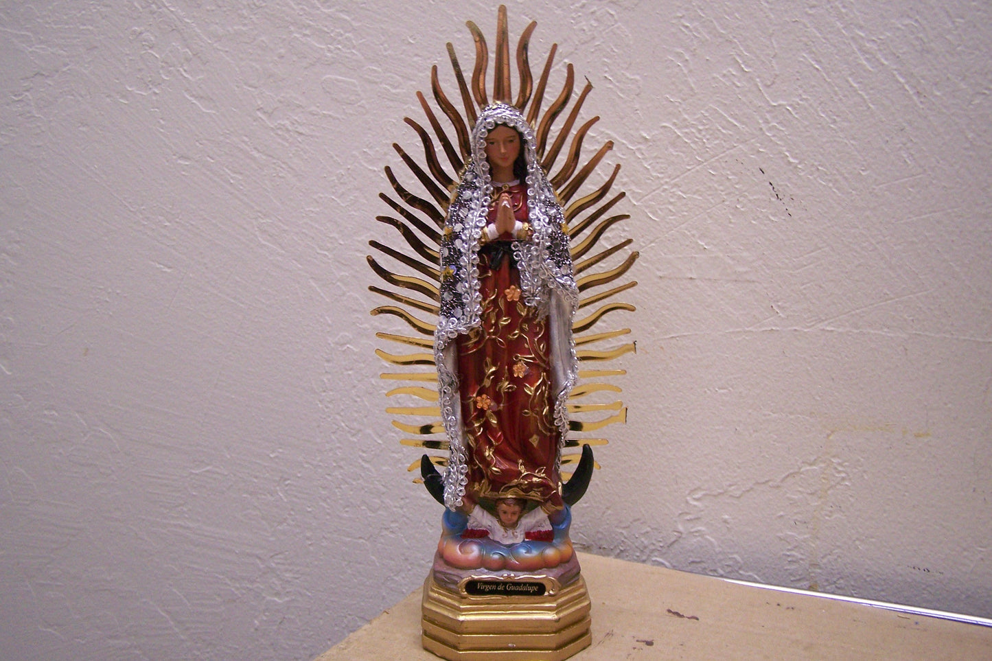 Virgin of Guadalupe 9.5" Resin Altarpiece Statue - Silvery Cloth Cloak