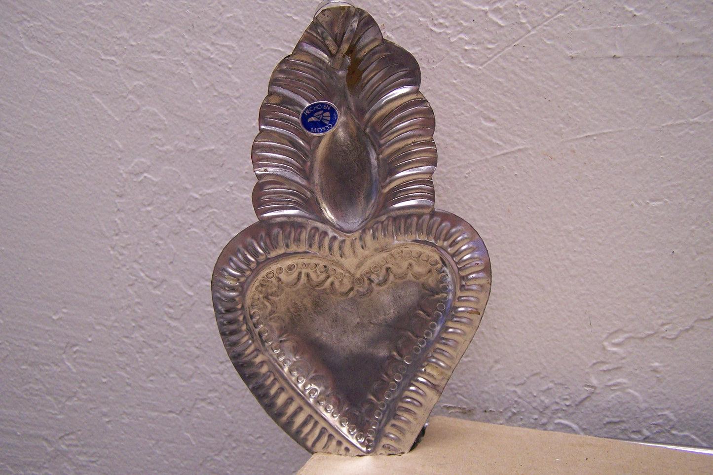 Large Painted Tin Sacred Heart with Blue & Dark Orange Flame Milagro Ex Voto - Mexico