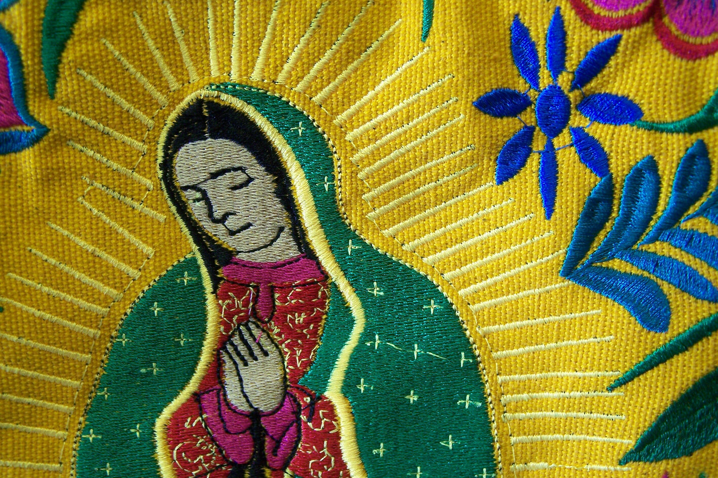 Virgin of Guadalupe Large Embroidered Leather Shoulder Bag Purse, Lined Interior, 2 Zipper Pouches - Yellow