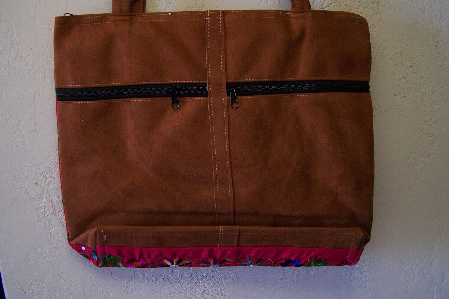 Frida! Large Embroidered Leather Shoulder Bag Purse, Lined Interior, 2 Zipper Pouches, Young Frida Kahlo - Red