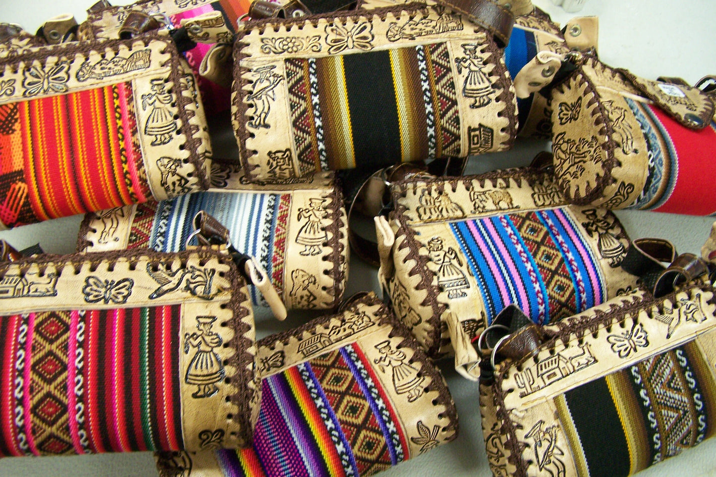Etched Leather and Cloth "Chica Purse" Shoulder Bag - Peru