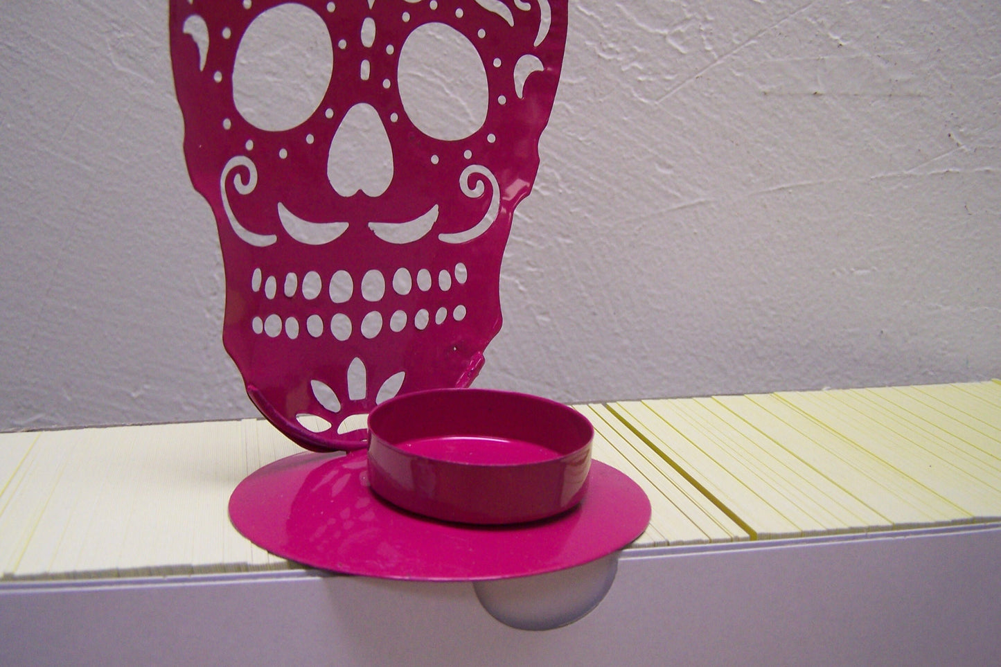 Day of the Dead Sugar Skull Metal Tabletop Candle Holder - Dark Pink