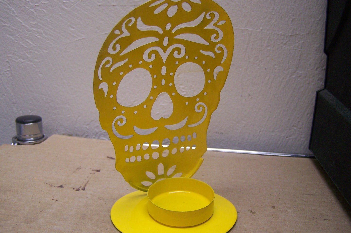 Day of the Dead Sugar Skull Metal Tabletop Candle Holder - Yellow
