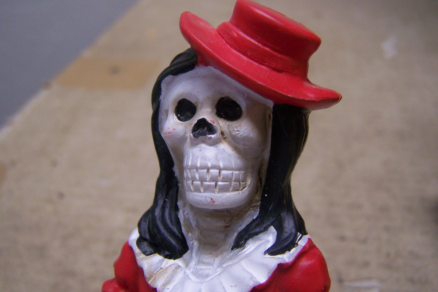 Small Painted Resin Day of the Dead Skeleton Lady in Red with Top Hat - Mexico