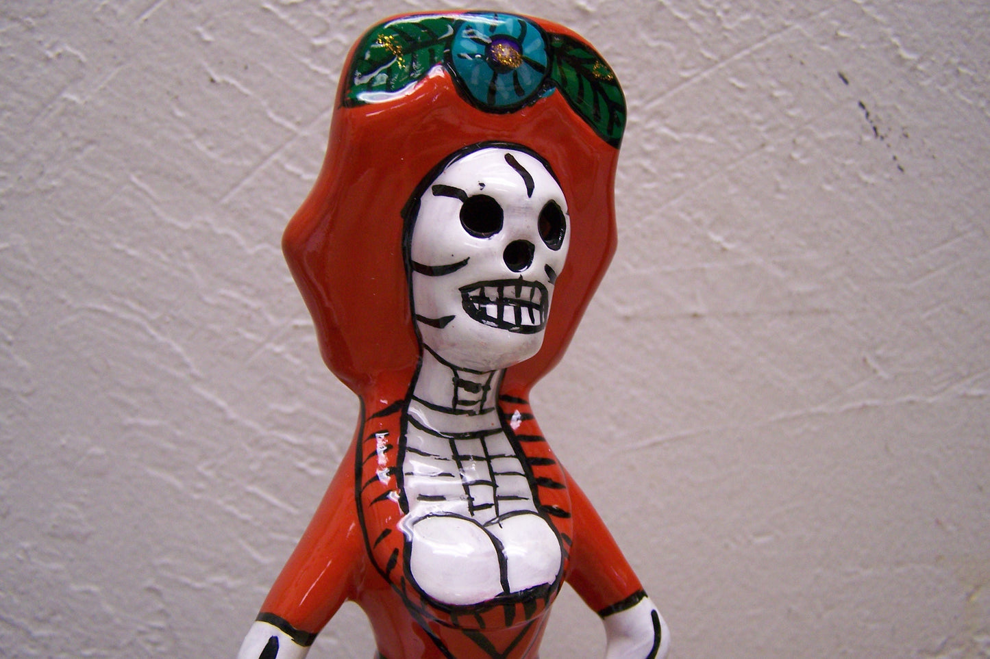 Ceramic Day of the Dead Skeleton Lady, Classic Catrina, Orange - Mexico