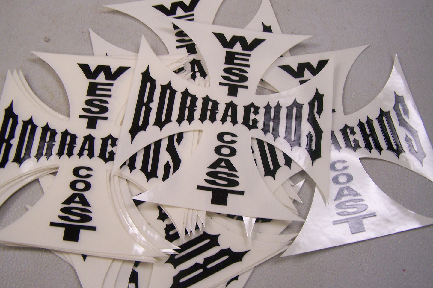 Lot of 10 Stickers "West Coast Borrachos" Iron Cross Shape ala "West Coast Choppers"