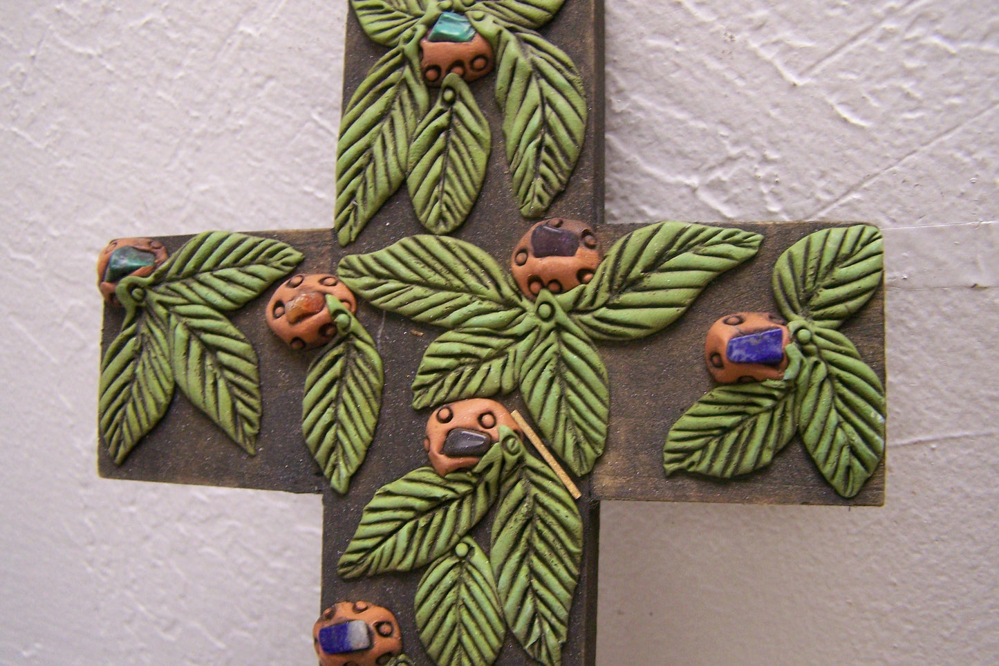 Tropical Wooden Cross with Resin Leaves and Faux Jewels