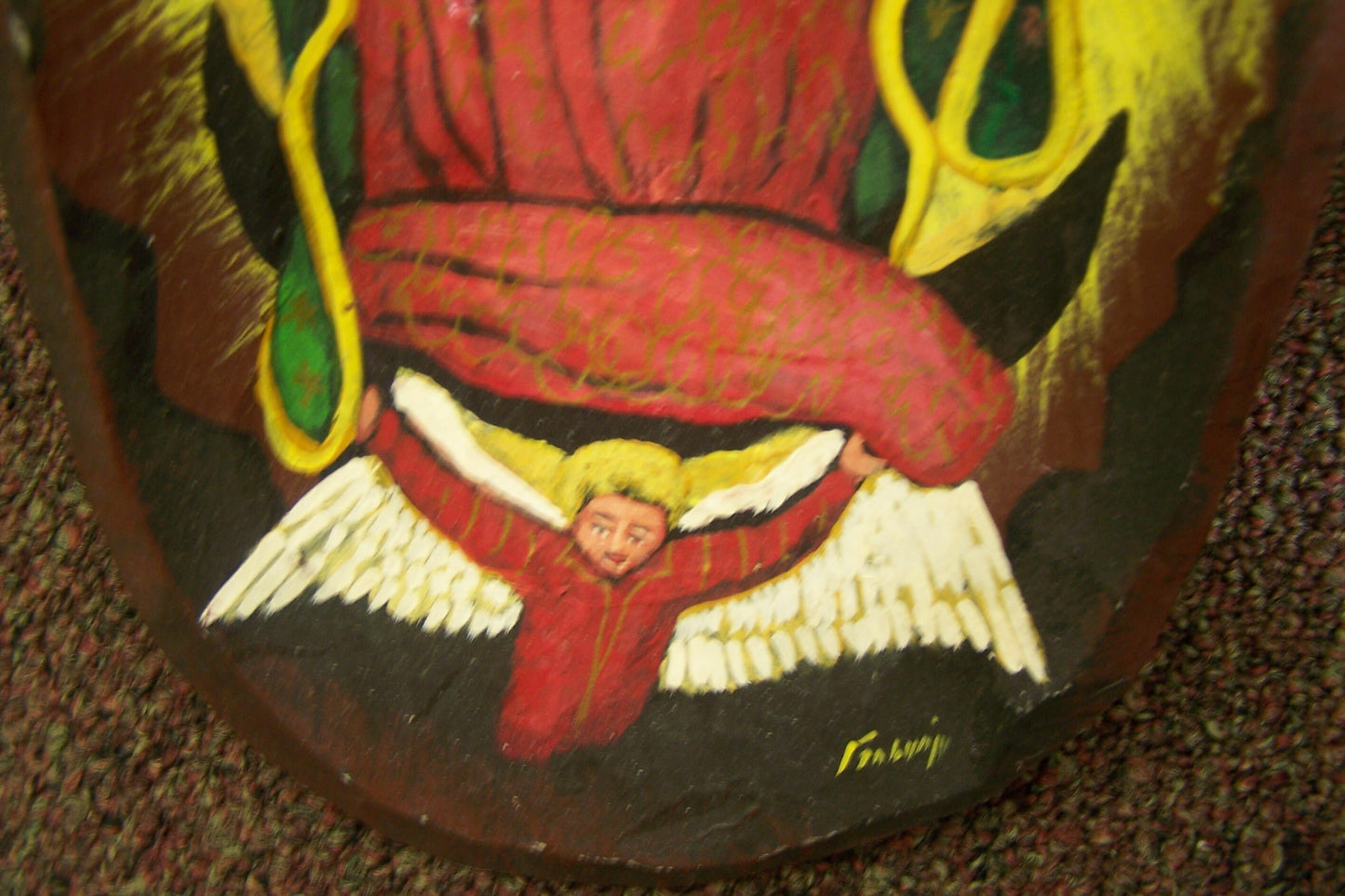 Large Virgin of Guadalupe Folk Art Painted Wooden Dough Bowl Batea