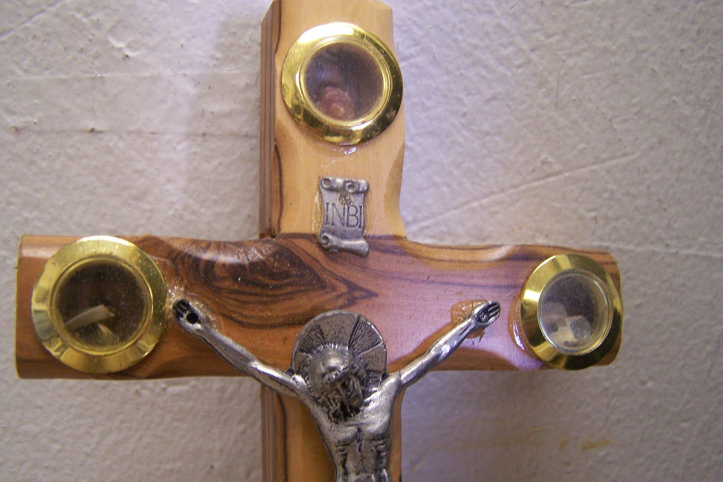 Holy Land Olive Wood Cross w. Metal Jesus & Holy Soil - Jerusalem