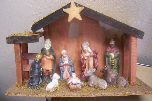 1980s Larger Tabletop Basic Wooden Nativity Set, Resin Figurines  #1 - Mexico