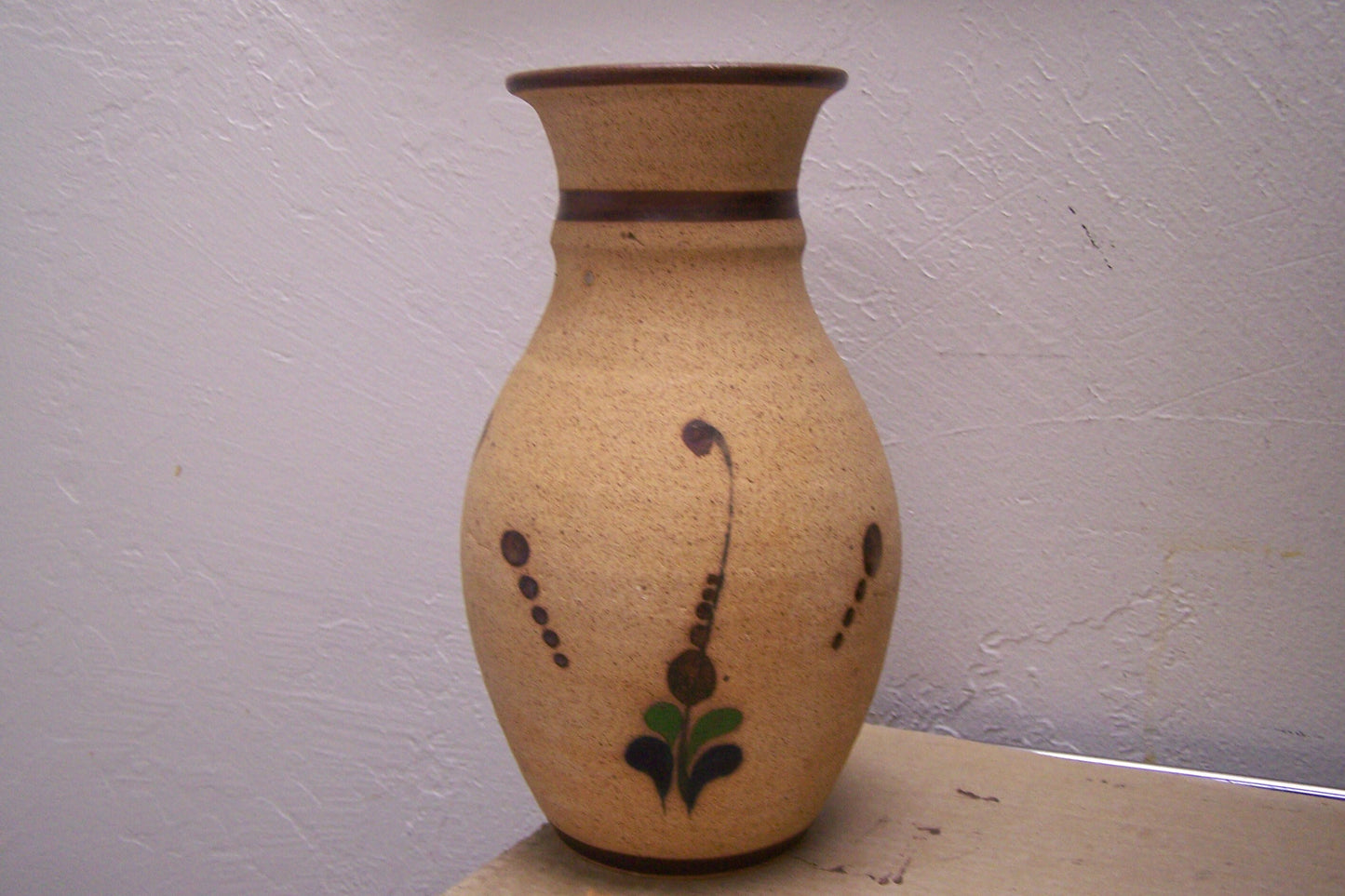 Vintage 1980s Stoneware Vase with Bird and Floral Pattern #1 - Mexico
