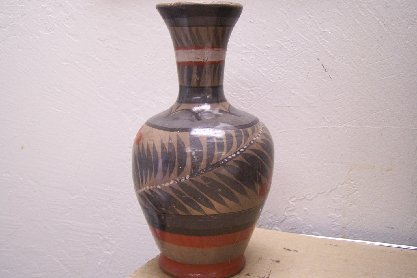 Vintage 1950s Burnished Vase with Floral and Leaf Pattern - Mexico