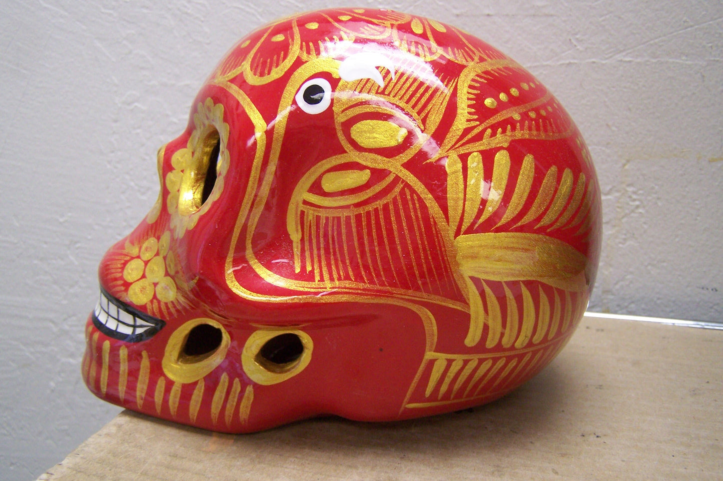 XL Clay Glazed Day of the Dead Clay Skull - Red and Shiny Gold