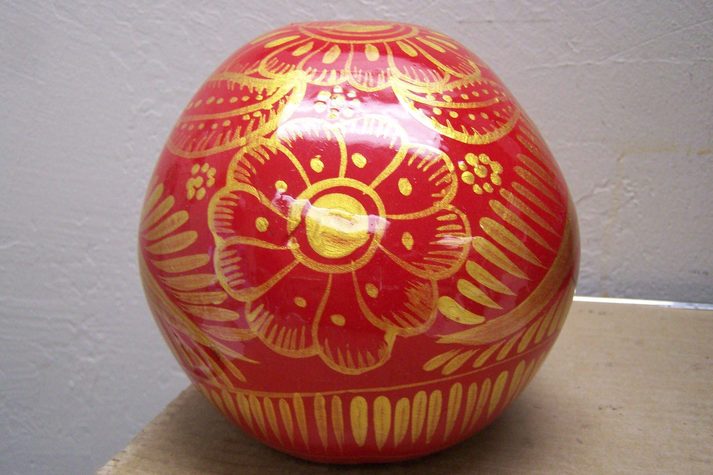XL Clay Glazed Day of the Dead Clay Skull - Red and Shiny Gold