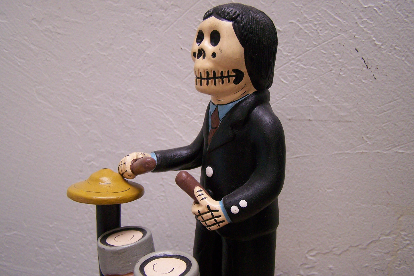 Day of the Dead Clay Skeleton Drummer with Drum Set
