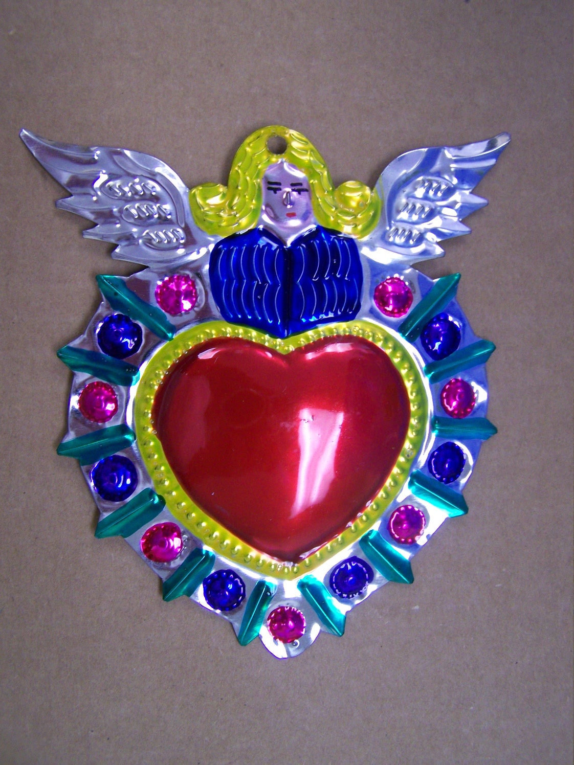 Large Colorful Tin Painted Sacred Heart Milagro Ex Voto - Blonde Angel - Mexico