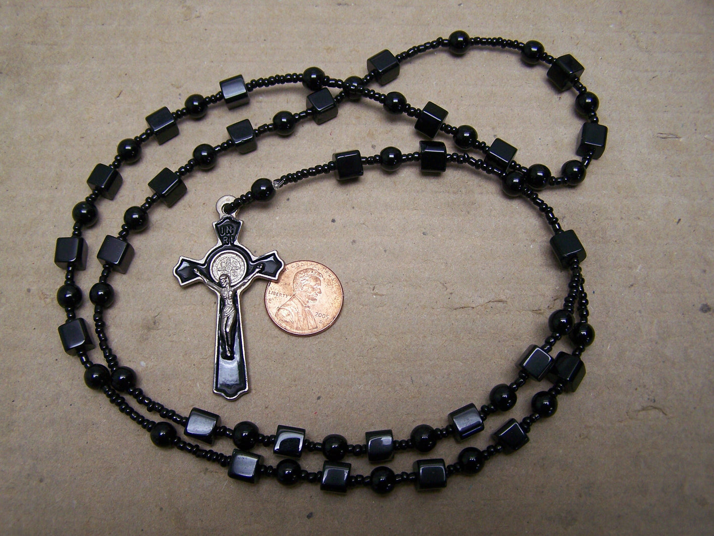 Handmade Rosary with Blocky Black Plastic Beads