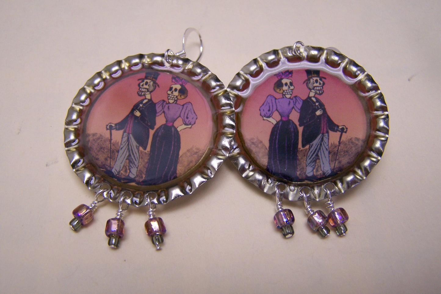 Bottlecap Earrings with Dangles - Mexican Day of the Dead Fancily Dressed Couple