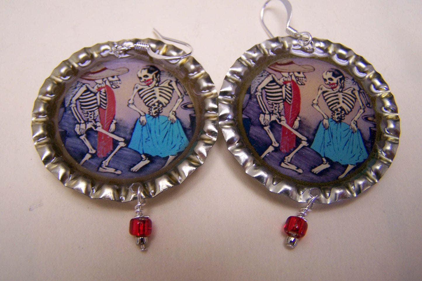 Bottlecap Earrings with Dangles - Mexican Day of the Dead Skeleton Dancers, Fandango