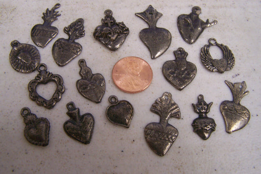 ALL HEARTS Lot of 25 Antiqued/Aged Gray Colored Milagros, Mexico