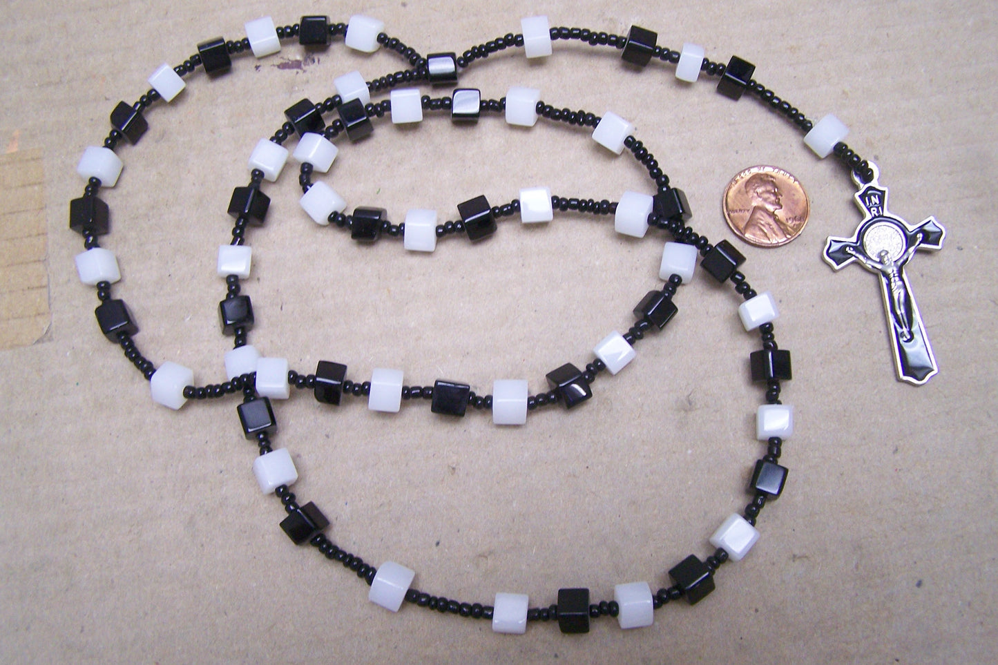 Handmade Rosary with Black and White Blocky Beads