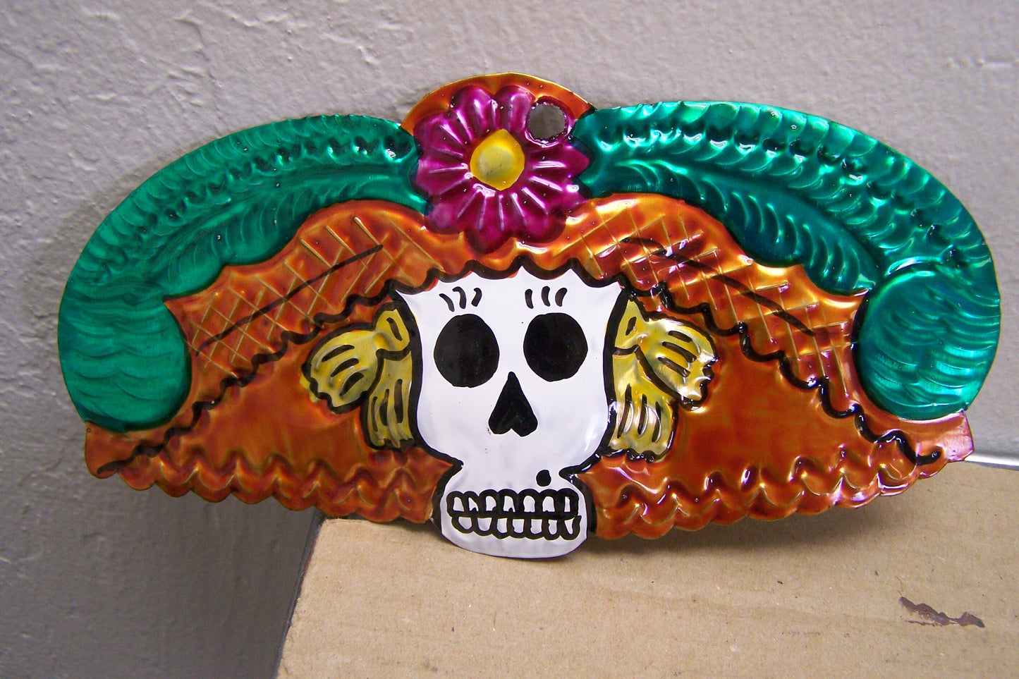 Painted Tin Day of the Dead Female Skeleton Head Catrina Ornament - Mexico