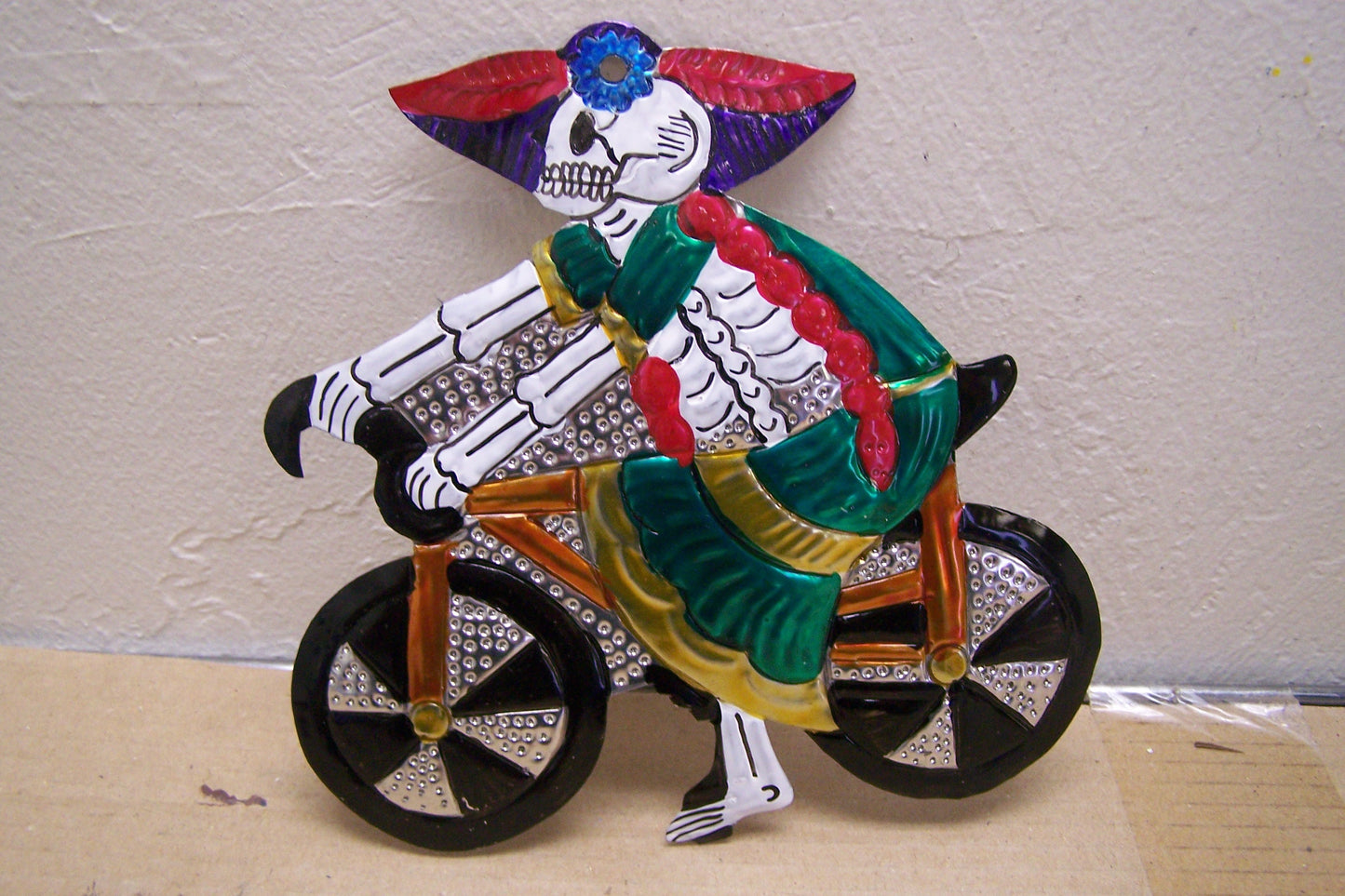 Large Painted Tin Day of the Dead Catrina Skeleton Woman on Bicycle - Mexico