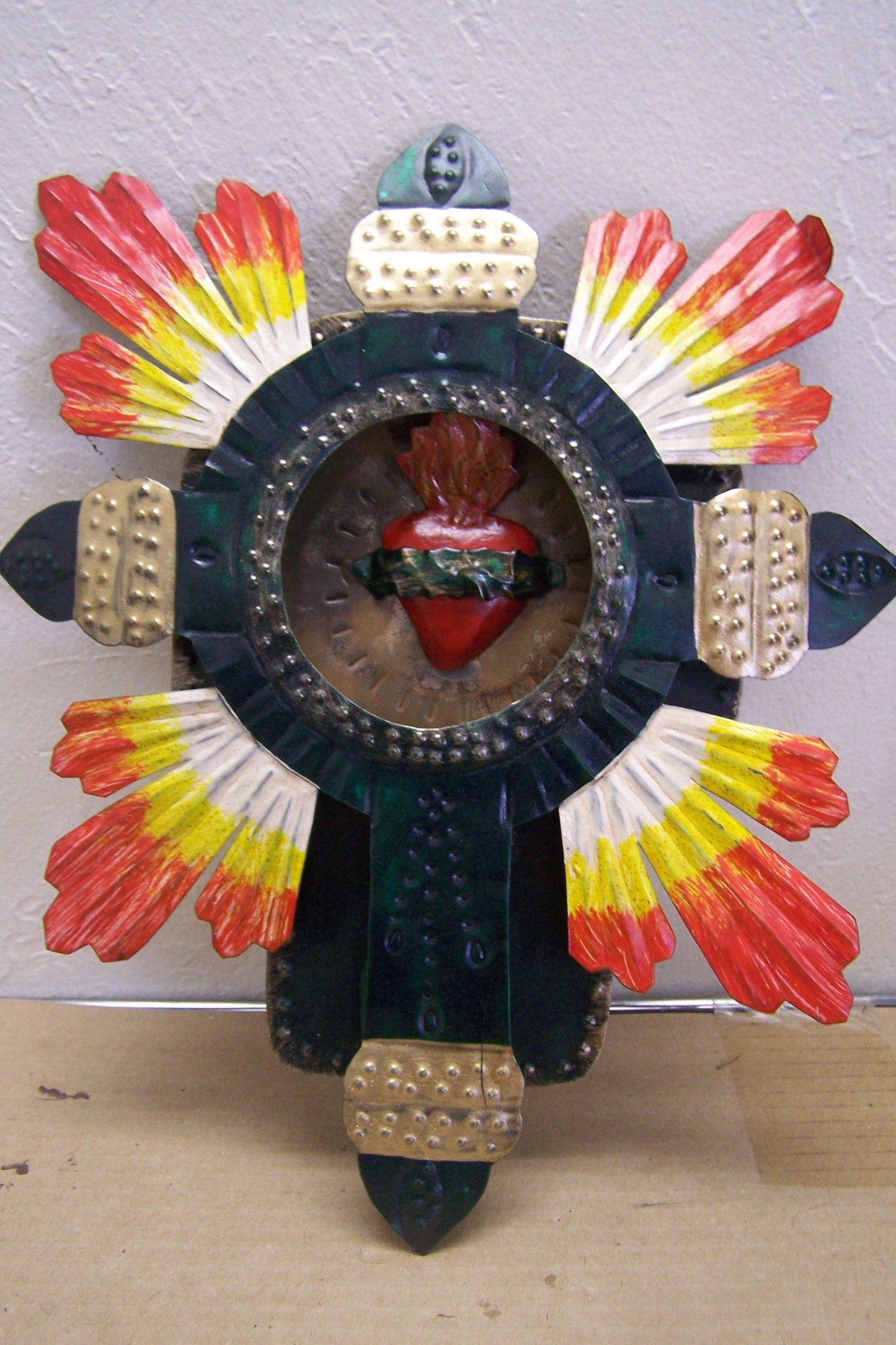 Beautiful 3D Handpainted Cross with Rays and Sacred Heart Interior - Mexico