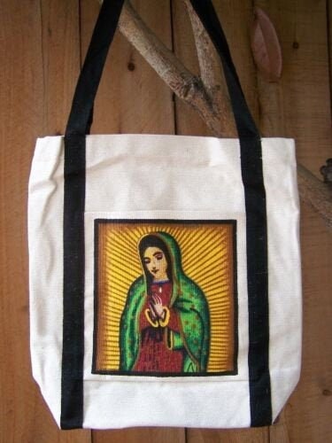 Virgin of Guadalupe Cotton Tote Bag with Pocket 13" x 14" x 3.5"